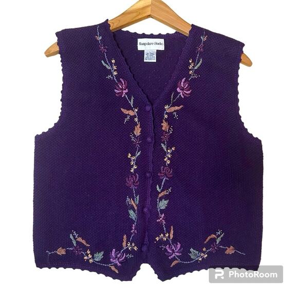 Vintage Jackets & Blazers - Hampshire Studio Vintage Cottagecore Grannycore Embroidered Floral Beaded Vest